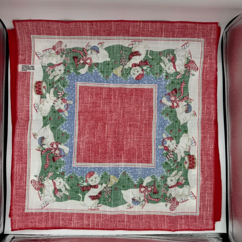Sunweave Linen Christmas Napkins Set 4 Skating Animals Cats Bunnies Geese Red